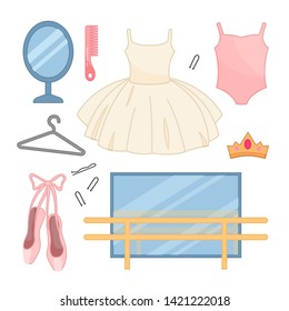 Vector set of ballet icons. Cartoon illustrations ballet tutu, pointe shoes, machine tool and other ballet symbols
