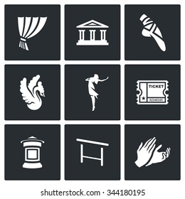 Vector Set of Ballet Icons. Curtain, Theater, Pointe, Swan, Ballerina, Ticket, Poster, Barre, Applause. Icons who identify Ballet Isolated on a Black Background