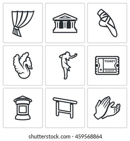 Vector Set of Ballet Icons. Curtain, Theater, Pointe, Swan, Ballerina, Ticket, Poster, Barre, Applause