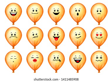 Vector set of balloon emoticons. Collection of orange balls with different facial emotions in cartoon style