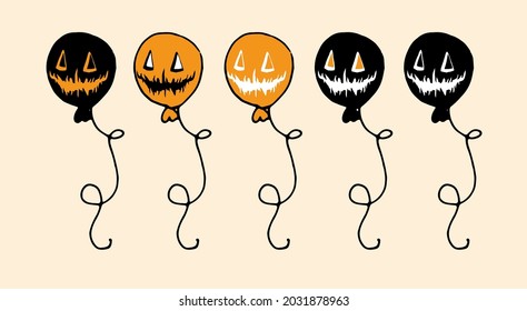 Vector set of a balloon for Halloween. a collection of orange and black colored balloon in the style of doodles with a sinister smile of Jack, with a rope spiral, for a Halloween design template 