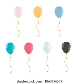 Juego de vectores de globos con confeti sobre fondo blanco.