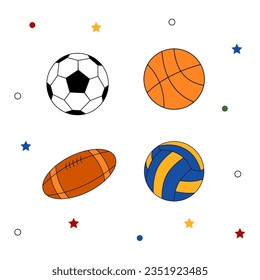 Vector Set balls Basketball, Football and American Football. The Concept of schooling, back to school, sports ball. Traditional school design element for banner sticker, cover, postcard, icon, poster.