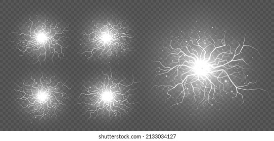 Vector set of balls of electricity, blast storm strike in sky or magic energy thunderbolt burst.