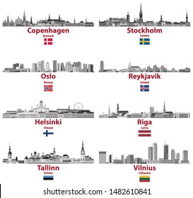 vector set of Baltic and Nordic countries' cities skylines: Copenhagen, Stockholm, Oslo, Reykjavik, Helsinki, Riga, Tallinn, Vilnius. 