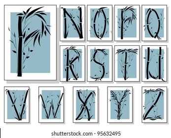 Vector set of bamboo alphabet card font in asian style in frame(Part 2).