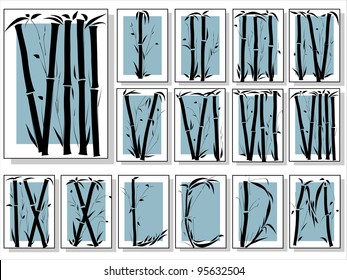 Vector set of bamboo alphabet (Roman numerals) font in asian style in frame (Part 3).