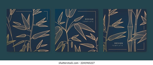 Vector set of bamboo leaves luxury line cards, golden dynamic square backgrounds, posts, design template. Art deco abstract patterns, texture for print, fabric, packaging design. Japanese style
