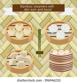 Vector set of Bamboo steamers with dim sum and baozi-illustration