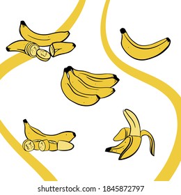 Vector set of banana. Bunches of fresh banana fruits isolated on white background, collection of vector illustrations