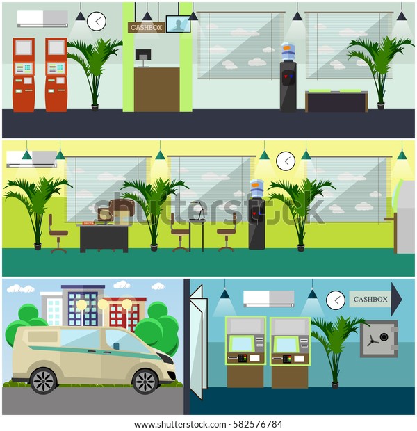 Vector set\
of bank interior concept design elements in flat style. Cashbox,\
waiting hall, bank employees workplaces, safe, self-service\
terminal, ATM, bank armored\
car.