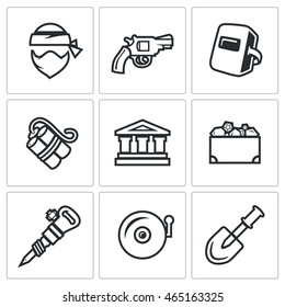 Vector Set of Bank Robbery Icons. Thief, Weapon, Welder, Explosive, Bank, Treasure, Equipment, Security System, Underpass.