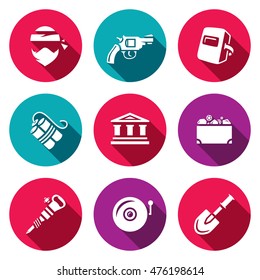 Vector Set of Bank Robbery Icons. Thief, Weapon, Welder, Explosive