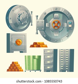 Vector set of bank vault, metallic iron safe door. Gold, cash, currency for financial concept, business template. Storage gate with electronical lock.