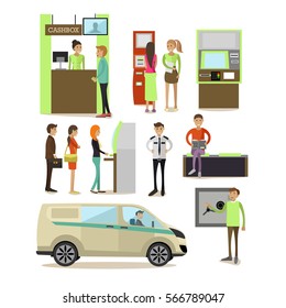 Vector set of banking concept design elements, icons isolated, flat style. Customers carrying out operations with ATM, self-service terminal. Bank employees, guard, safe, cashbox, collector, bank car.