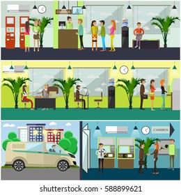 Vector set of banking concept design elements in flat style. Cashbox, waiting hall, bank employees workplaces, safe, self-service terminal, ATM. Bank staff, security guard, collector, customers.
