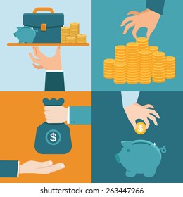 Vector set of banking concepts in flat style - businessman's hand with serve plate - special offer - investment and savings