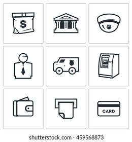Vector Set of Banking services Icons. Money Bag, Bank Building, CCTV, Banker, Collector Car, ATM, Wallet, Check, Card.