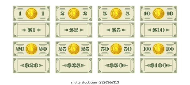 Vector set of banknotes, flyers, coupons or vouchers in denominations of 1, 2, 5, 10, 20, 25, 50 and 100 dollars, with a gold coin in the center. Obverse and reverse of play money.