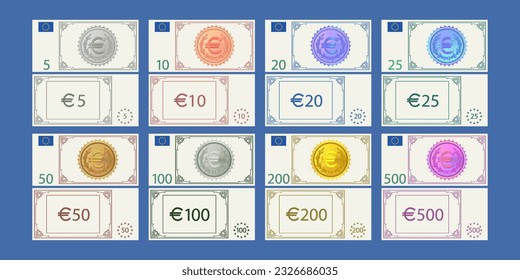 Vector set of banknotes, flyers, coupons or vouchers in denominations of 5, 10, 20, 25, 50, 100, 200 and 500 euro, with a coins. Obverse and reverse of play money. EU.