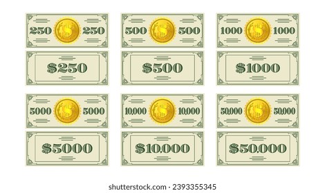 Vector set of banknotes, flyers, coupons or vouchers in denominations of 250, 500, 1000, 5000, 10000 and 50000 dollars, with a gold coin in the center. Obverse and reverse of play money. Part 2 svg