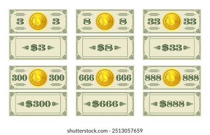 Vector set of banknotes, flyers, coupons or vouchers in denominations of 3, 8, 33, 300, 666 and 888 dollars, with a gold coin in the center. Obverse and reverse of play money.