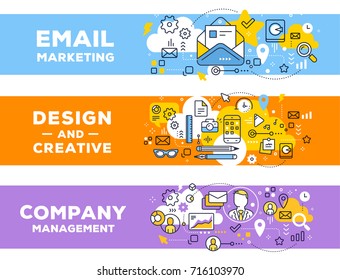 Vector set of banner illustrations with business elements. Email marketing & management concept on color backgrounds with title. Thin line art flat style design for web, site, banner, presentation