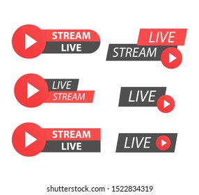 Vector set banner interface live stream. Red set of media labels on white background.