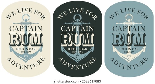 Vector set banner or label with inscription Rum, and Monochrome illustration decorated with old ship anchor on difirend background in retro style.