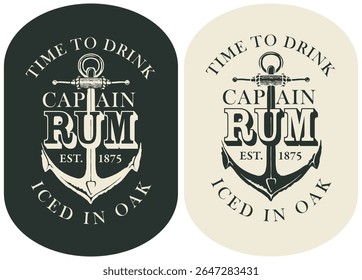 Vector set of banner or label for rum bottle on old paper background. Vintage style logo with anchor, corkscrew and lettering. No AI used