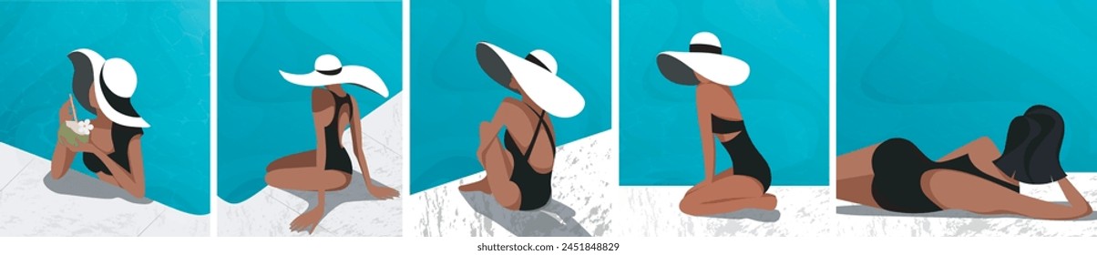 Vector set of banner poster on the theme of vacation tourism, different beautiful girls no face in a bikini with beach accessories in different poses sunbathe and swim in the pool