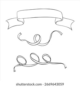Vector Set of banner and ribbons, Hand drawn Outline illustration. Engraving black and white design for greeting card, invitation, tags, printing.