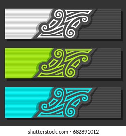 Vector set of Banner templates: 3 black and white headers with monogram on gray background, three horizontal web banners with vintage design for business text, layouts banners vivid wedding invitation