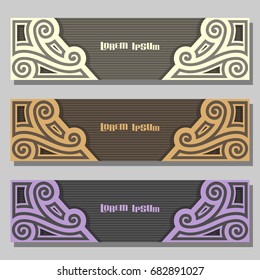 Vector set of Banner templates: 3 pale color vintage headers with monogram on gray background, three horizontal banners with ornate design for business text, layouts banners purple wedding invitation.