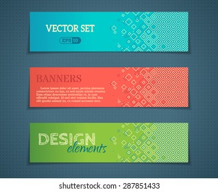 Vector set of banner templates. Blue, red and green designs. There are places for text.