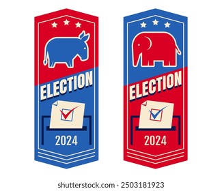 Vector de Anuncios para las elecciones presidenciales estadounidenses de 2024 con elefante, burro y urna. Elecciones de Estados Unidos de 2024.