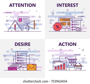 Vector set of banners with Attention, Interest, Desire and Action concept web templates. Modern thin line flat design symbols, icons for web, printing.