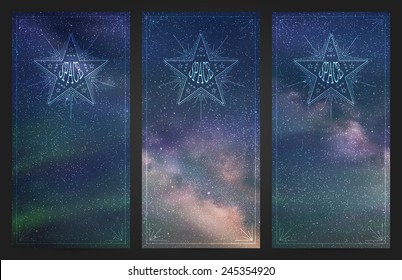 Vector set of banners with beautiful starry sky, milky way and Northern lights. Place for text. Colorful header for web. Abstract background