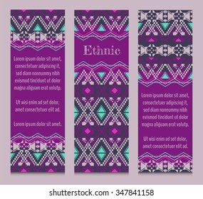 Vector set of banners or cards with tribal decorative patterns. Aztec ornamental style. Ethnic native american indian ornaments