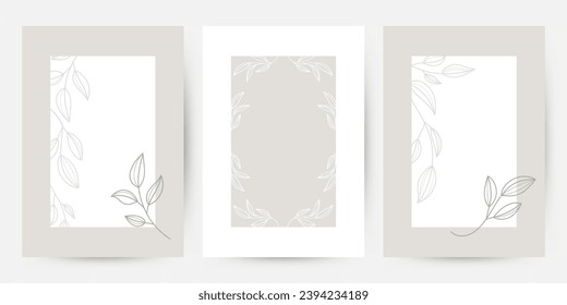 Conjunto vectorial de banners diseño esquema de hojas, ramas, marcos de plantillas con espacio de copia para texto. Se puede usar para cosméticos, productos de belleza, comida orgánica y saludable con adornos modernos 