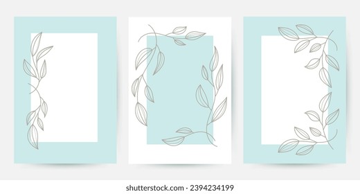 Vector set of banners design outline of leaves, branches, templates frames with copy space for text. Can be used for cosmetics, beauty products, organic and healthy food with  modern ornaments 
