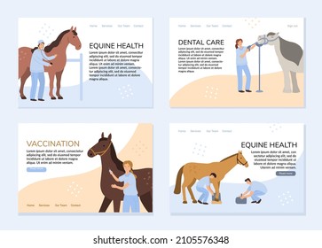 vector set of banners, equine veterinarians are performing medical manipulations with horses, vaccination, diagnostic, xray and dental care 