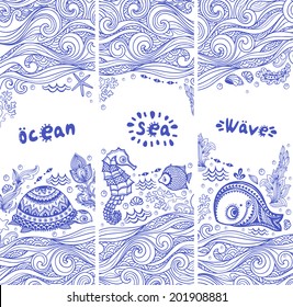 Vector set of banners with fish and shells   for your business