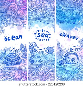 Vector set of banners with fish and shells   for your business