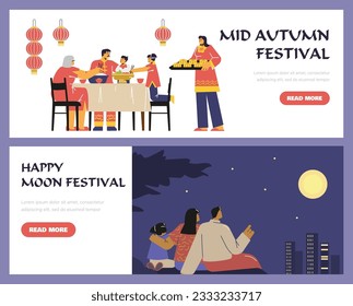 Pancartas vectoriales, folletos que la familia asiática disfruta celebrando, come sabrosos platos tradicionales en el festival de mediados de otoño. Padres e hijas viendo la luna llena en la noche en el festival de la luna feliz.