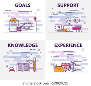 Vector set of banners with goals, support, knowledge, experience concept elements. Thin line flat design symbols and icons for website menu, printing.