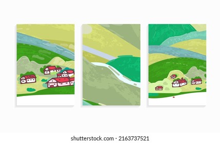 vector set of banners with green mountains, village 