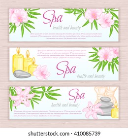 Vector Set Of Banners With Hand Drawn Spa And Massage Accessories - Stones, Flowers, Candles, Herbal Balls. Can Be Used As Invitation Flyer Or Advertising Brochure Design.