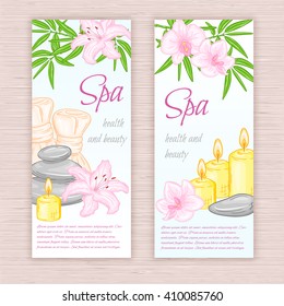 Vector Set Of Banners With Hand Drawn Spa And Massage Accessories - Stones, Flowers, Candles, Herbal Balls. Can Be Used As Invitation Flyer Or Advertising Brochure Design.