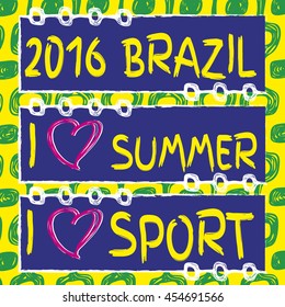 Vector set of banners. Hand drawn. I love sport. I love summer. Ipanema pattern. Summer 2016. Brazil 2016